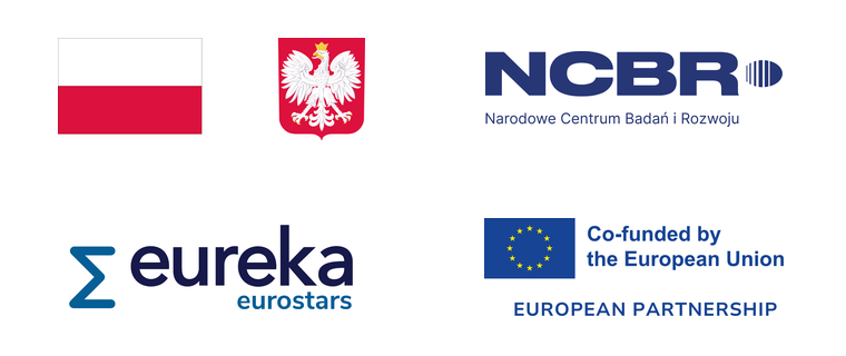 Polish flag and coat of arms, NCBR, Eureka Eurostars, and European Union co-funding logos