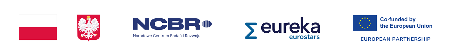 Polish flag and coat of arms, NCBR, Eureka Eurostars, and European Union co-funding logos